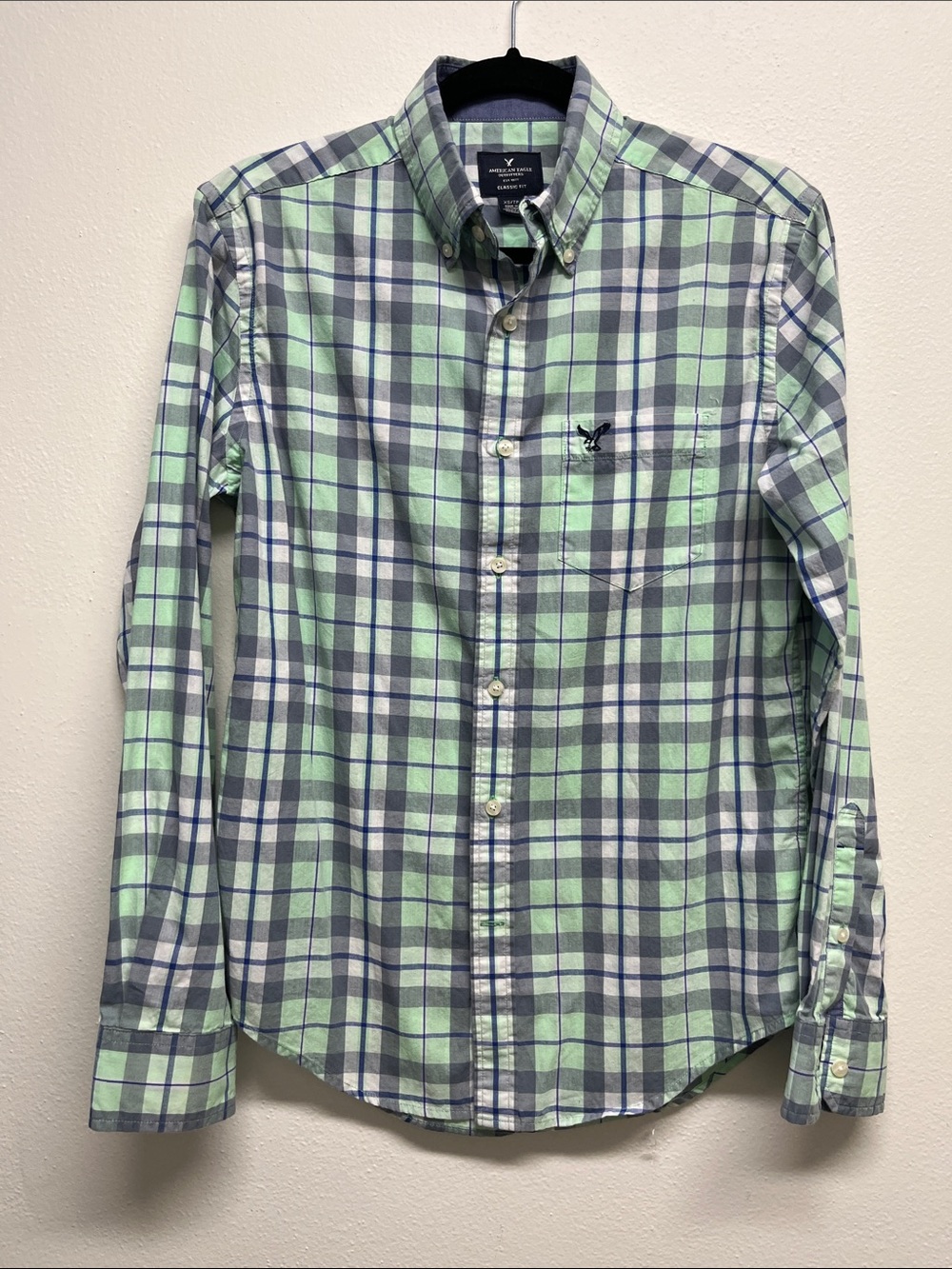 American Eagle Outfitters Men’s Mint Green Gray Plaid Button-Down Shirt Size XS